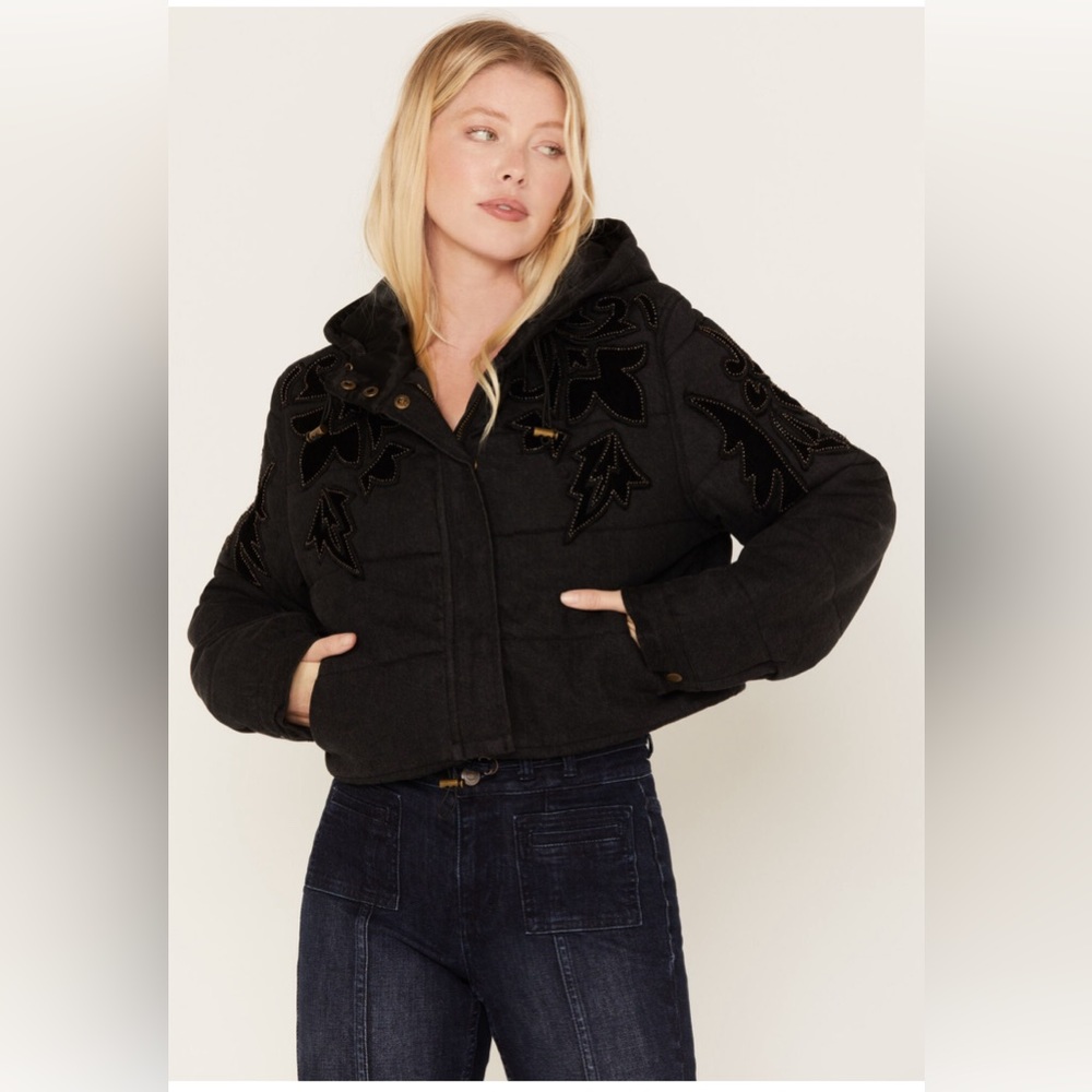 Free People Fleur De Lis Denim Puffer Jacket / Washed Black NWT